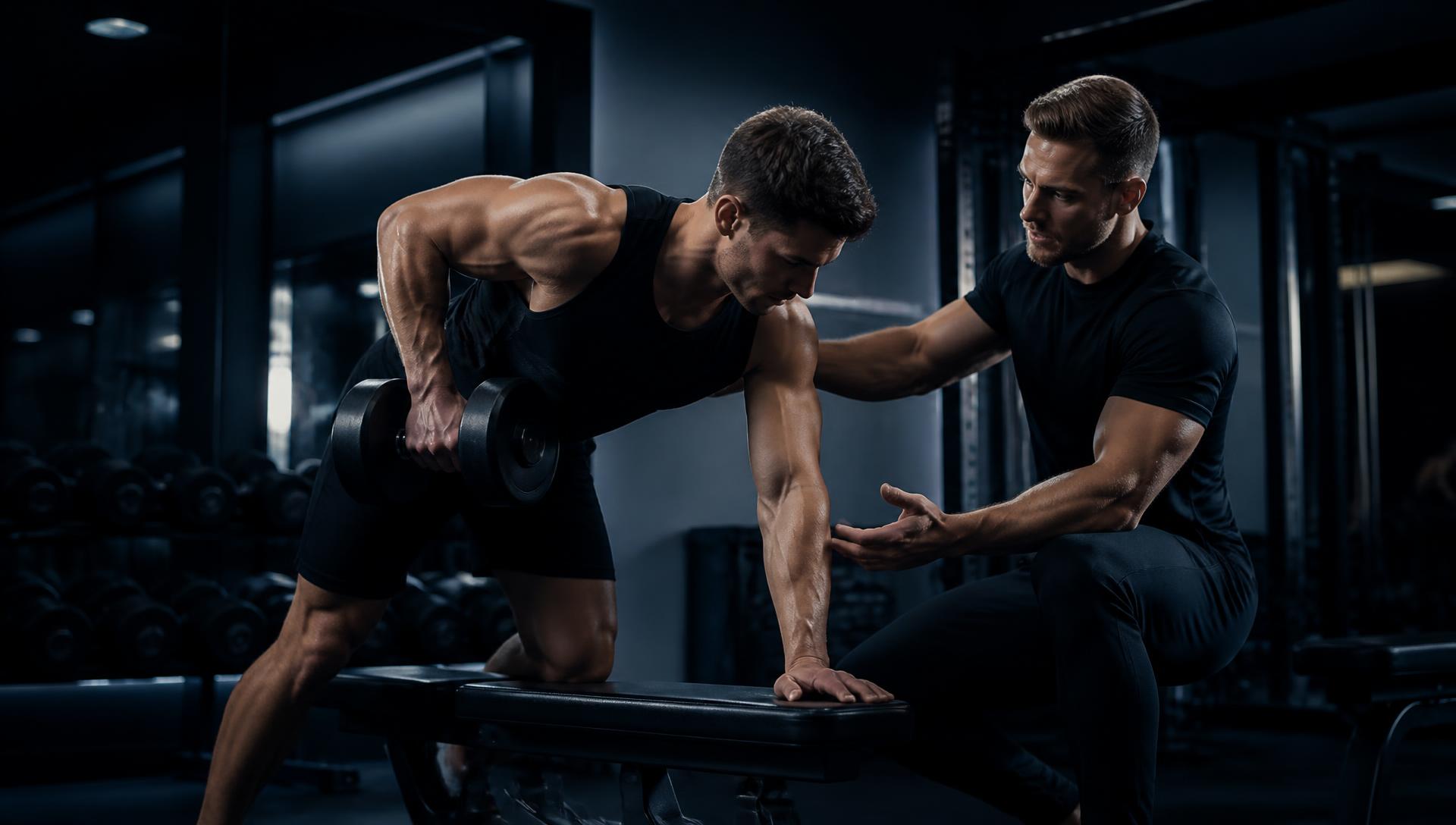 Personal trainer acompanhando aluno em treino de força